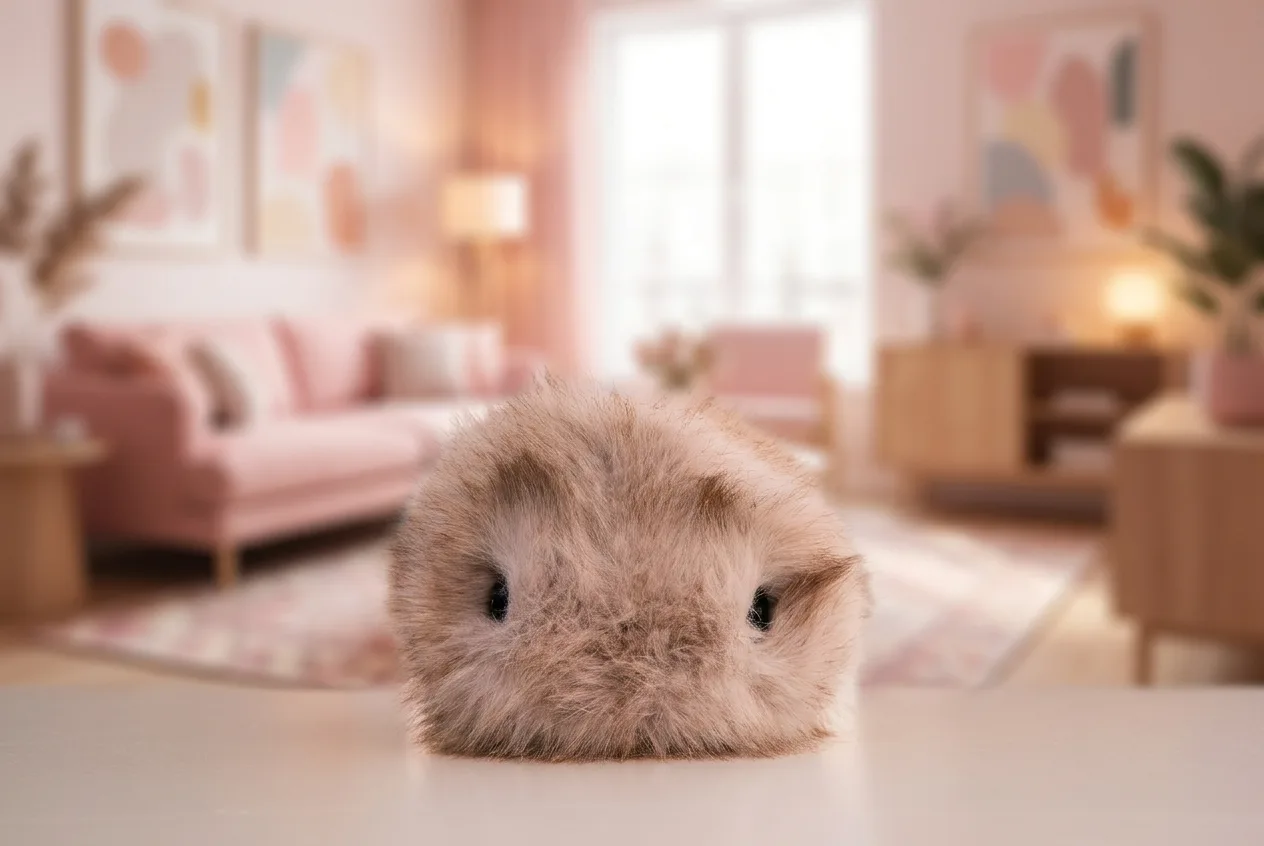 Grijze Nubbi in een warme woonkamer met zachte roze tinten