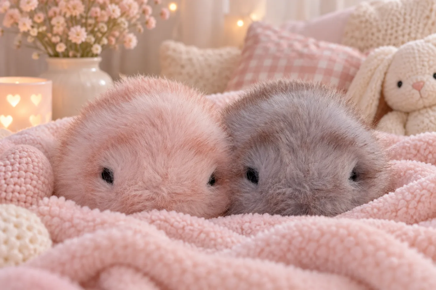 Een roze en een grijze Nubbi samen op een zachte deken